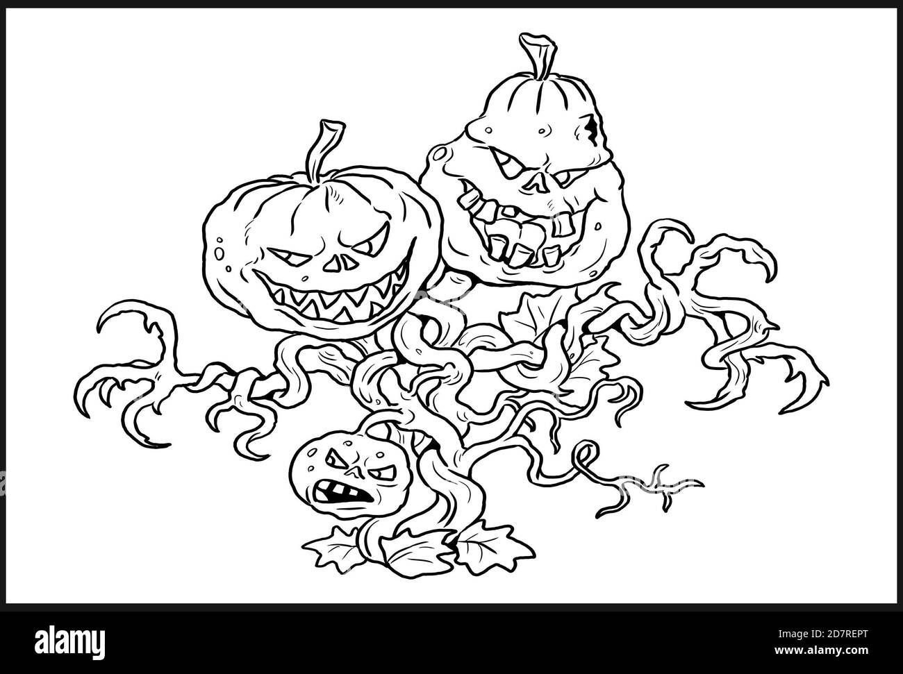 Funny pumpkins family drawing. Halloween illustration.Coloring template. Stock Photo