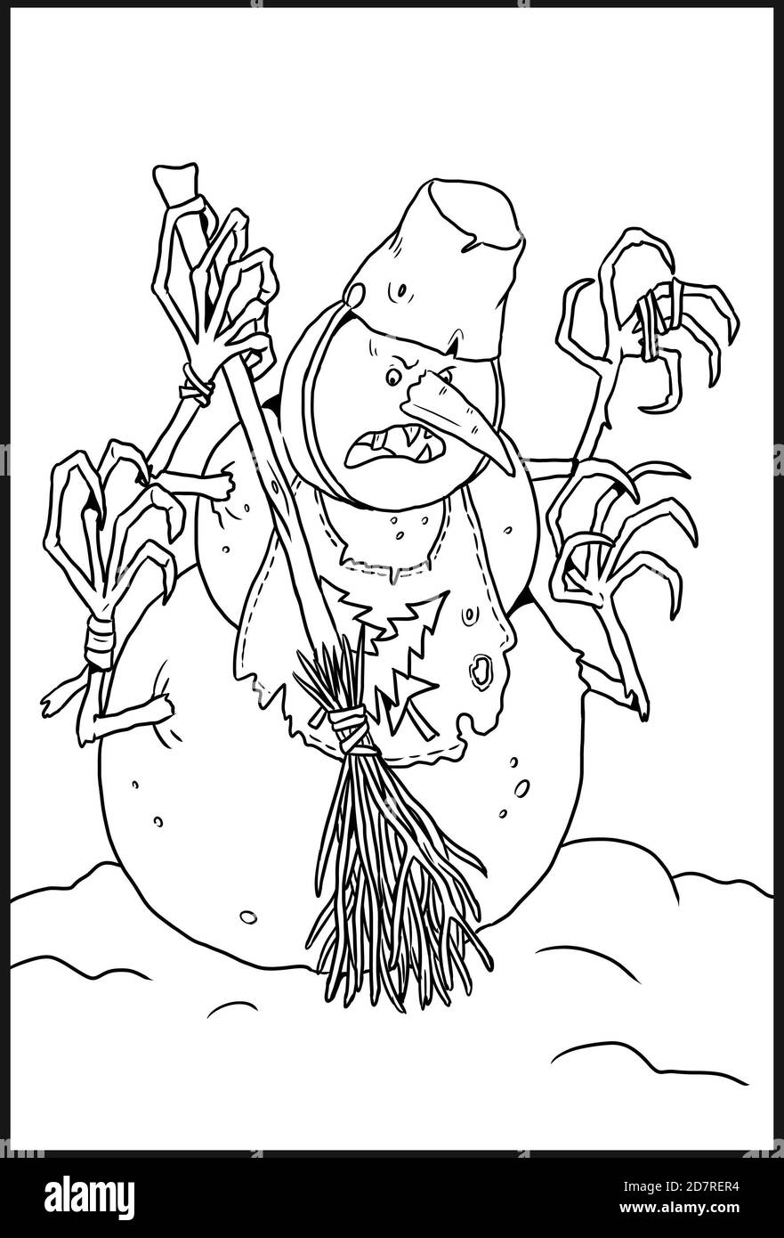 Angry snowman drawing.  Halloween monster coloring template. Stock Photo