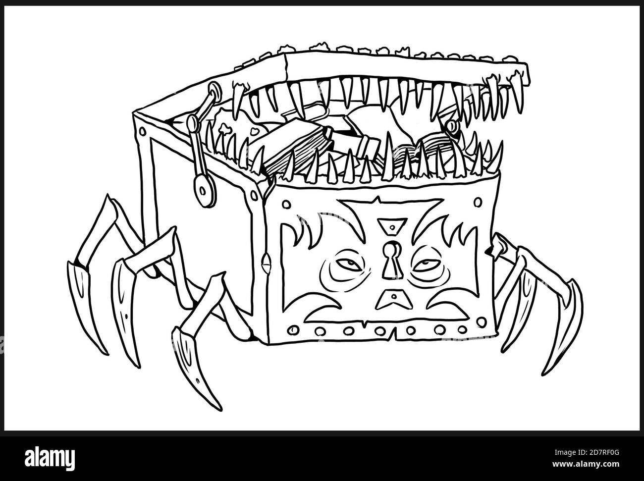 Pirate chest with teeth drawing. Monster suitcase coloring template. Stock Photo