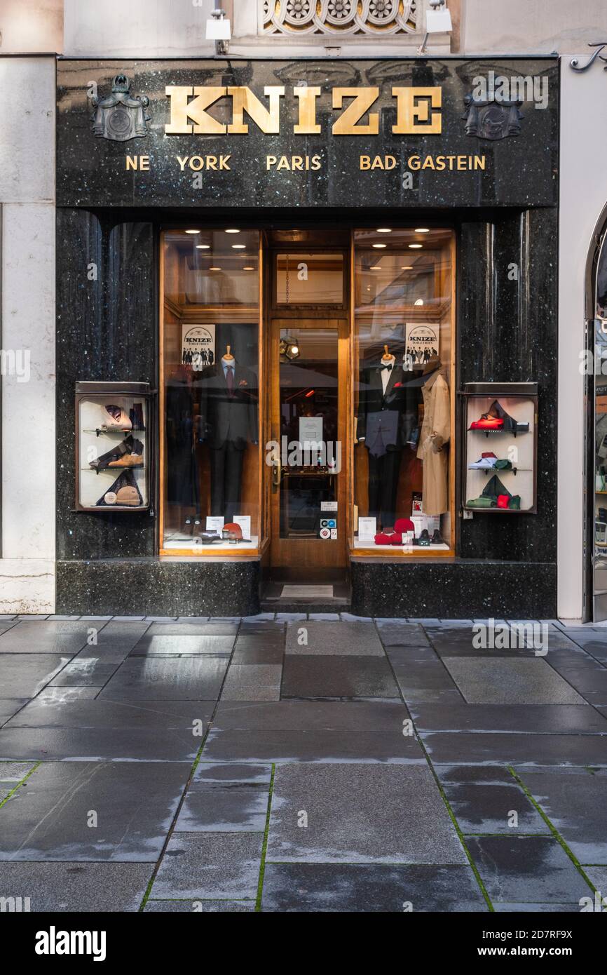 Vienna, Austria - October 25 2020: Knize and Comp Tailor and Clothing Store Front designed by Adolf Loos with Shop Windows on the Graben Street. Stock Photo