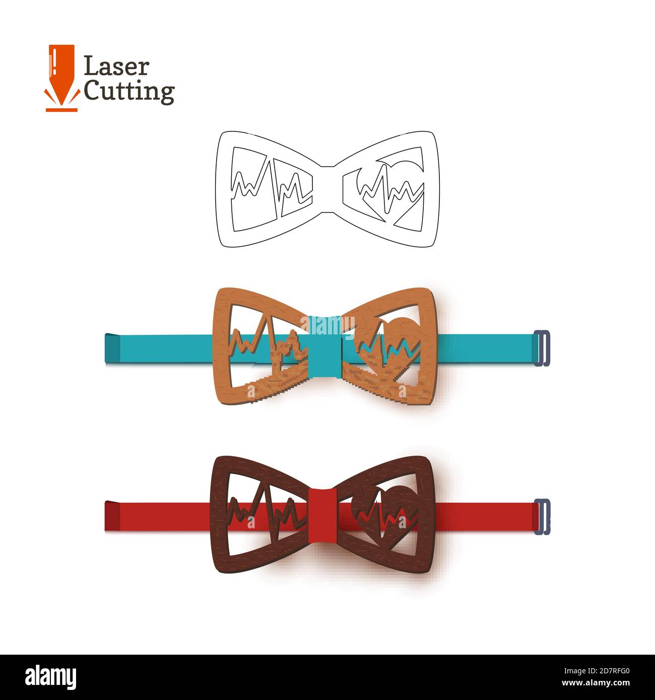 Laser cut bow-tie template. Vector silhouette for cutting a bow tie with cardiogram and heart on a lathe made of wood, metal, plastic. The idea of Stock Vector