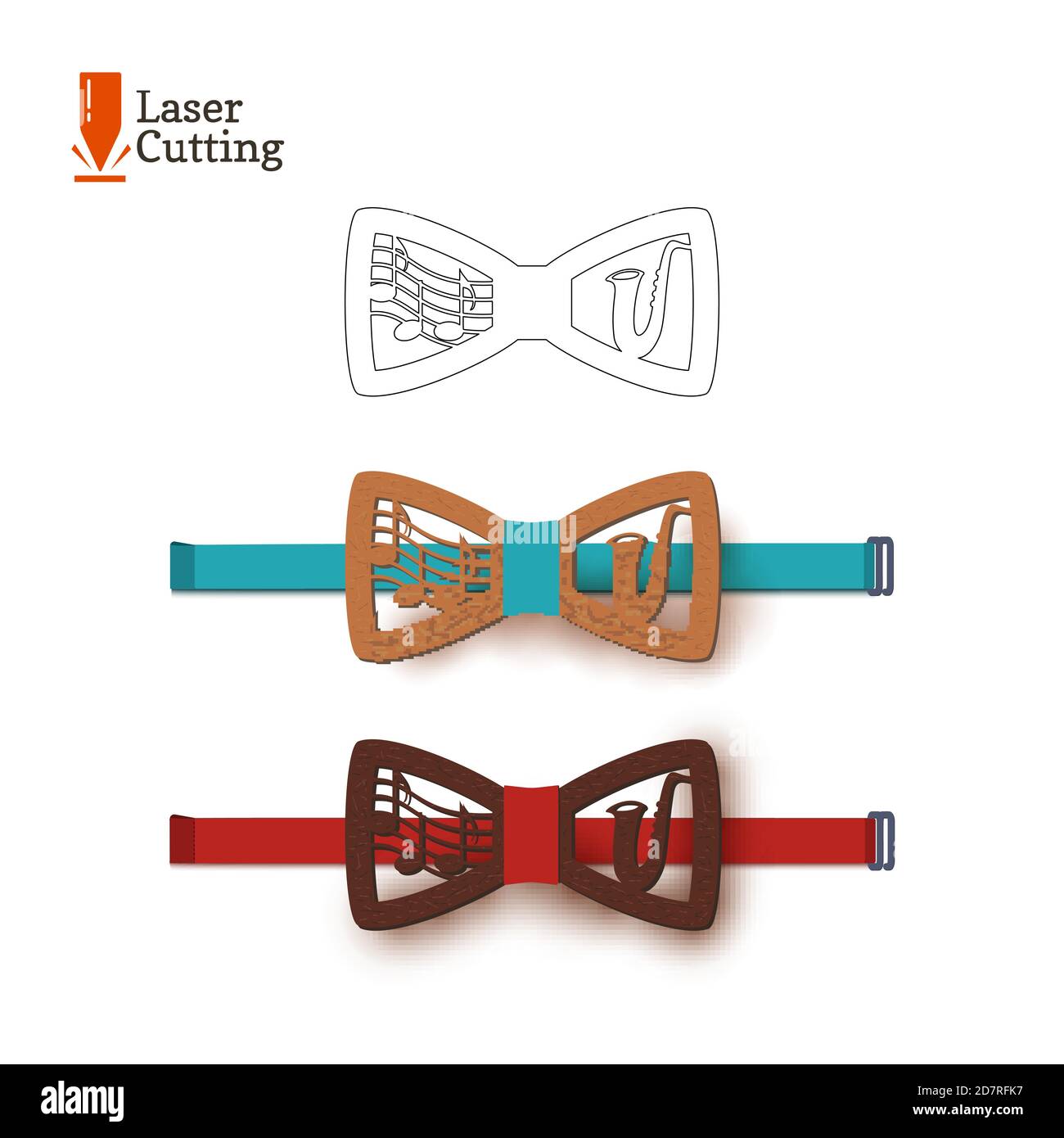 Laser cut bow-tie template musical theme, sheet music and jazz saxophone. Vector silhouette for cutting a bow tie on a lathe made of wood, metal Stock Vector