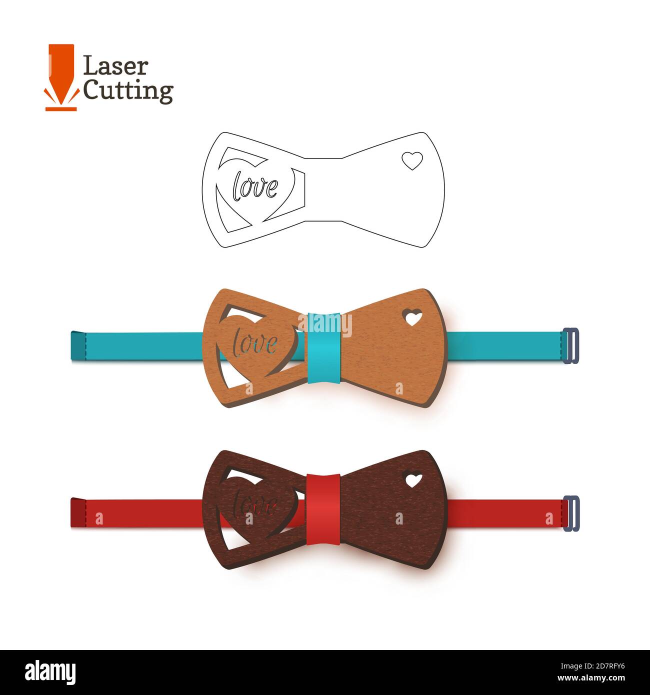 Laser cut bow-tie template with hearts. Vector silhouette for cutting a bow tie on a lathe made of wood, metal, plastic. The idea of design of a Stock Vector
