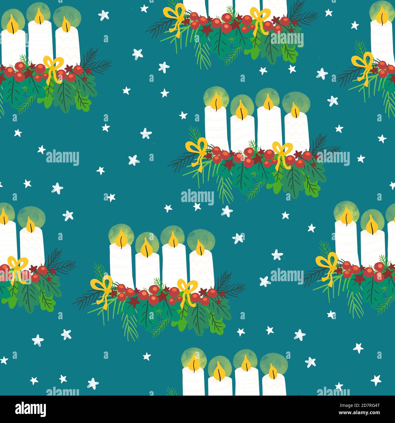 Christmas Advent wreath seamless pattern. Christmas arrangements with 4 candles, bows, berries and pine branches repeating background. German holiday Stock Photo