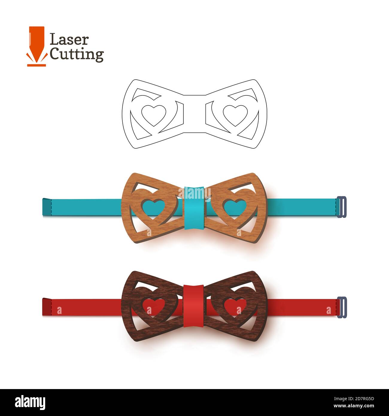 Laser cut bow-tie template with hearts. Vector silhouette for cutting a bow tie on a lathe made of wood, metal, plastic. The idea of design of a Stock Vector