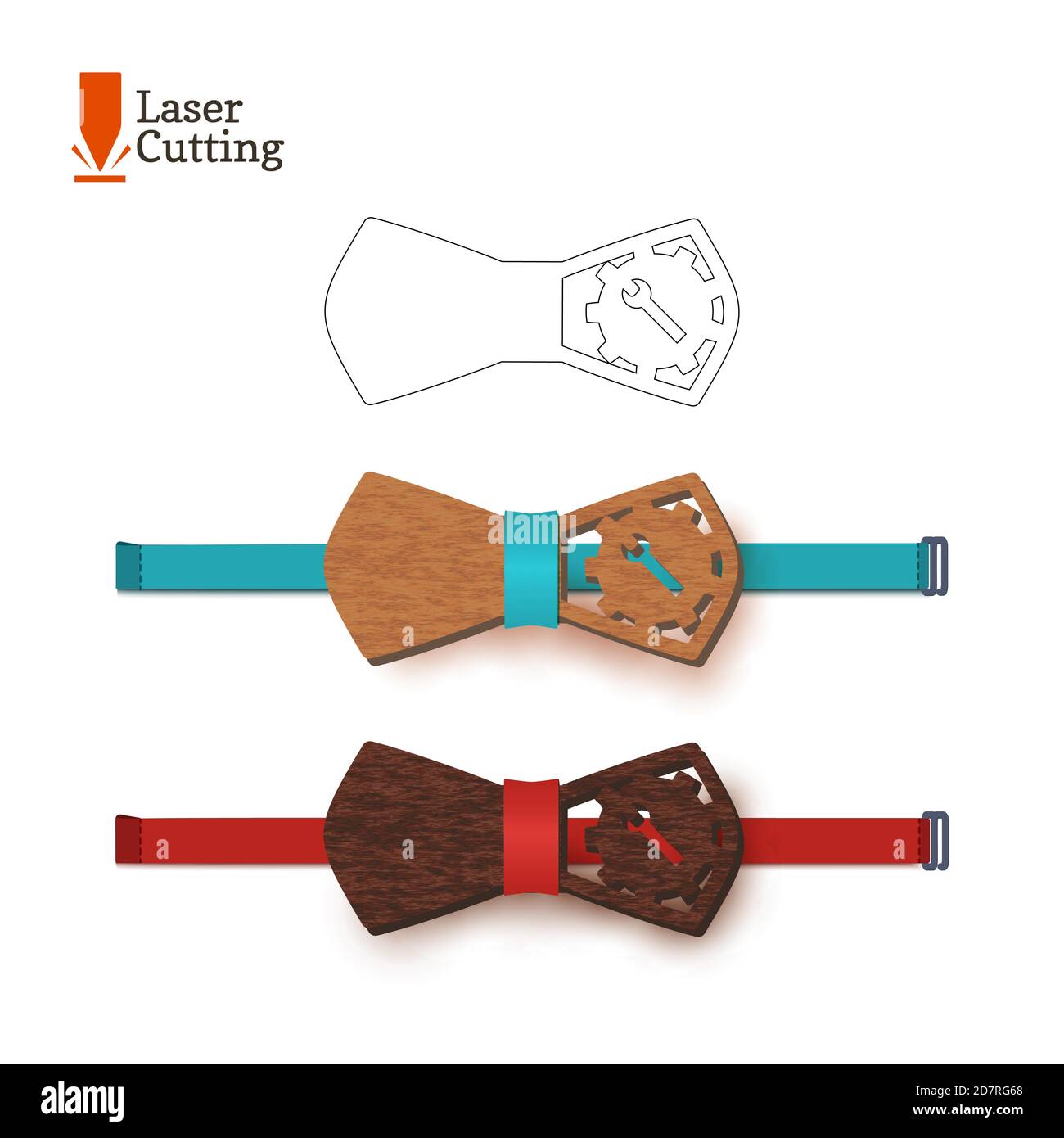 Laser cut bow-tie template whith gear and wrench. Vector silhouette for cutting a bow tie on a lathe made of wood, metal, plastic. The idea of design Stock Vector