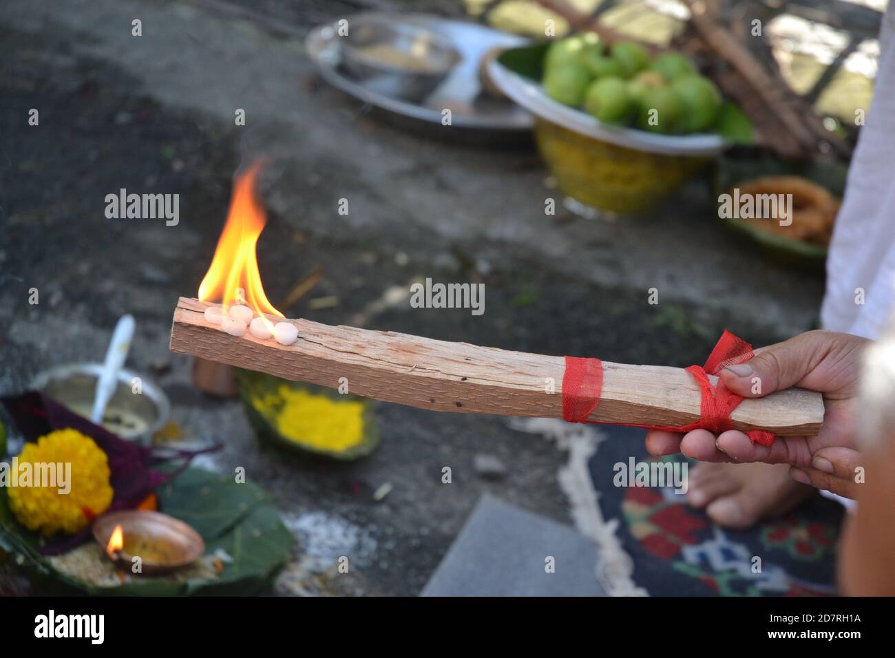 Hindu ritual called 'Yagya or Yajna'. performed with traditional mantra chanting. Pictured in Kathmandu, Nepal. Stock Photo