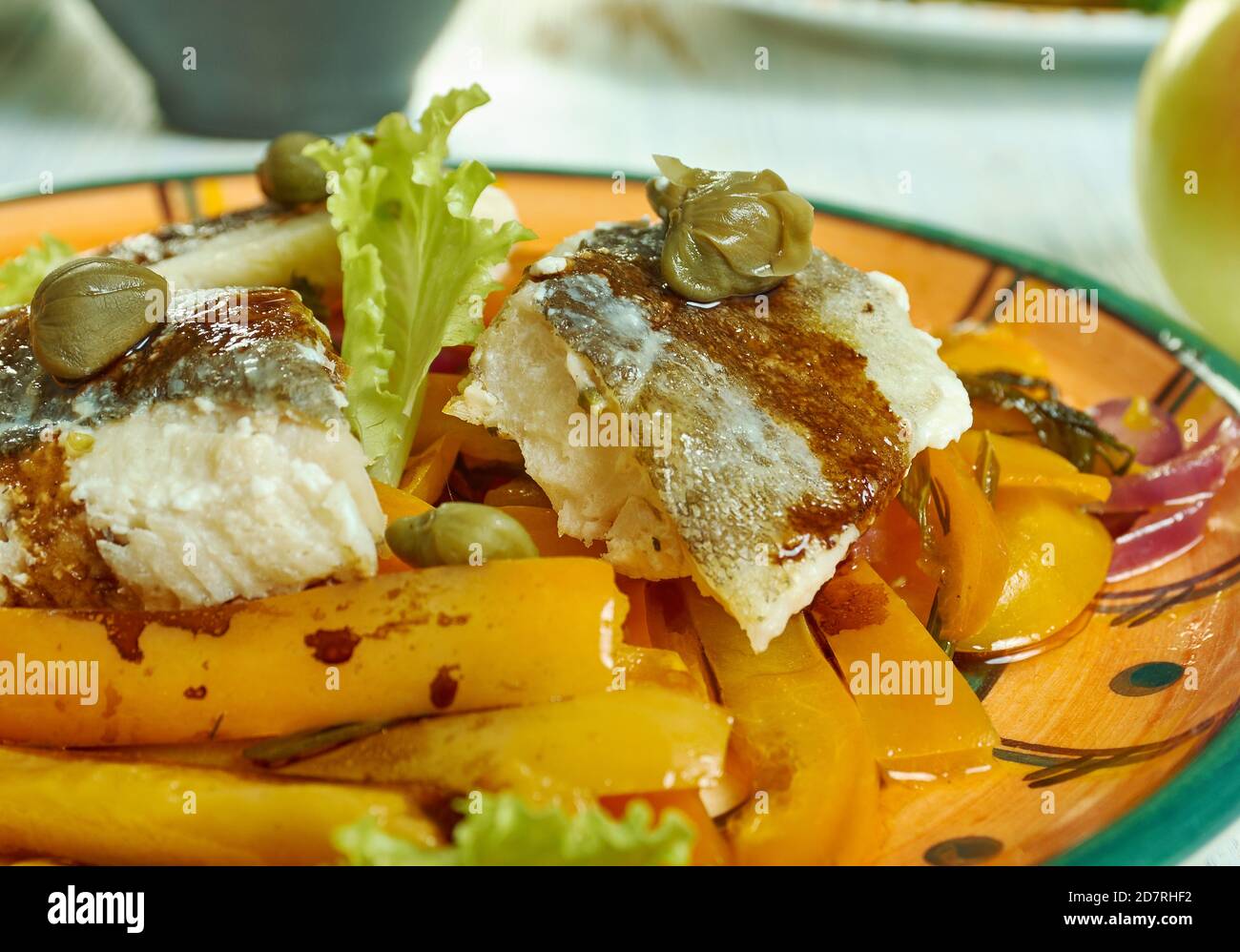 Italian Baccala mediterraneo Dried and salted cod with paprkia close