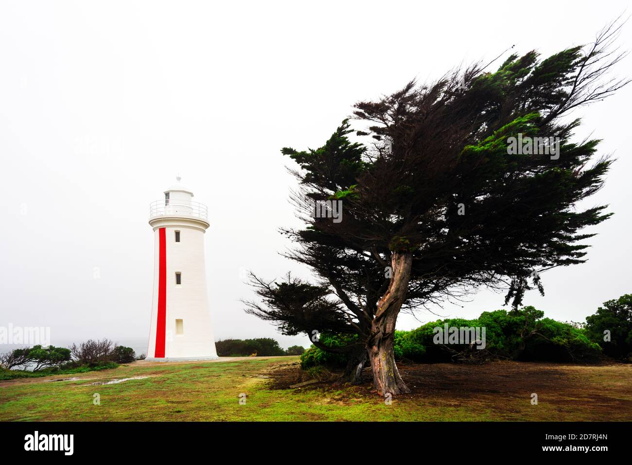 Mersey Bluff Lighthouse in Devonport on a misty day. Stock Photo