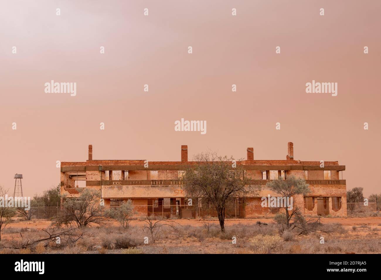 Ruins of the Bill Bell Hotel in the ghost town of Bill Bell, during a dust storm. Stock Photo