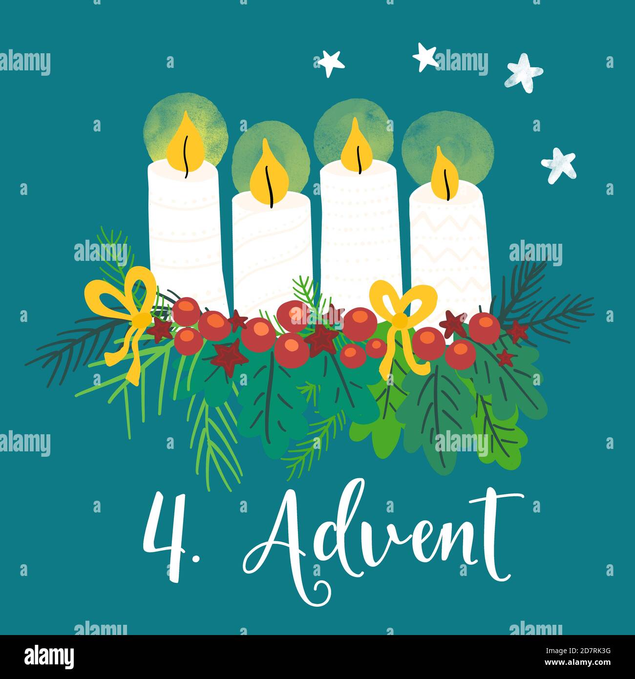 Advent wreath illustration. Christmas arrangements with 4 candles, four burning, bows, berries and pine branches. 4th Advent. German holiday tradition Stock Photo