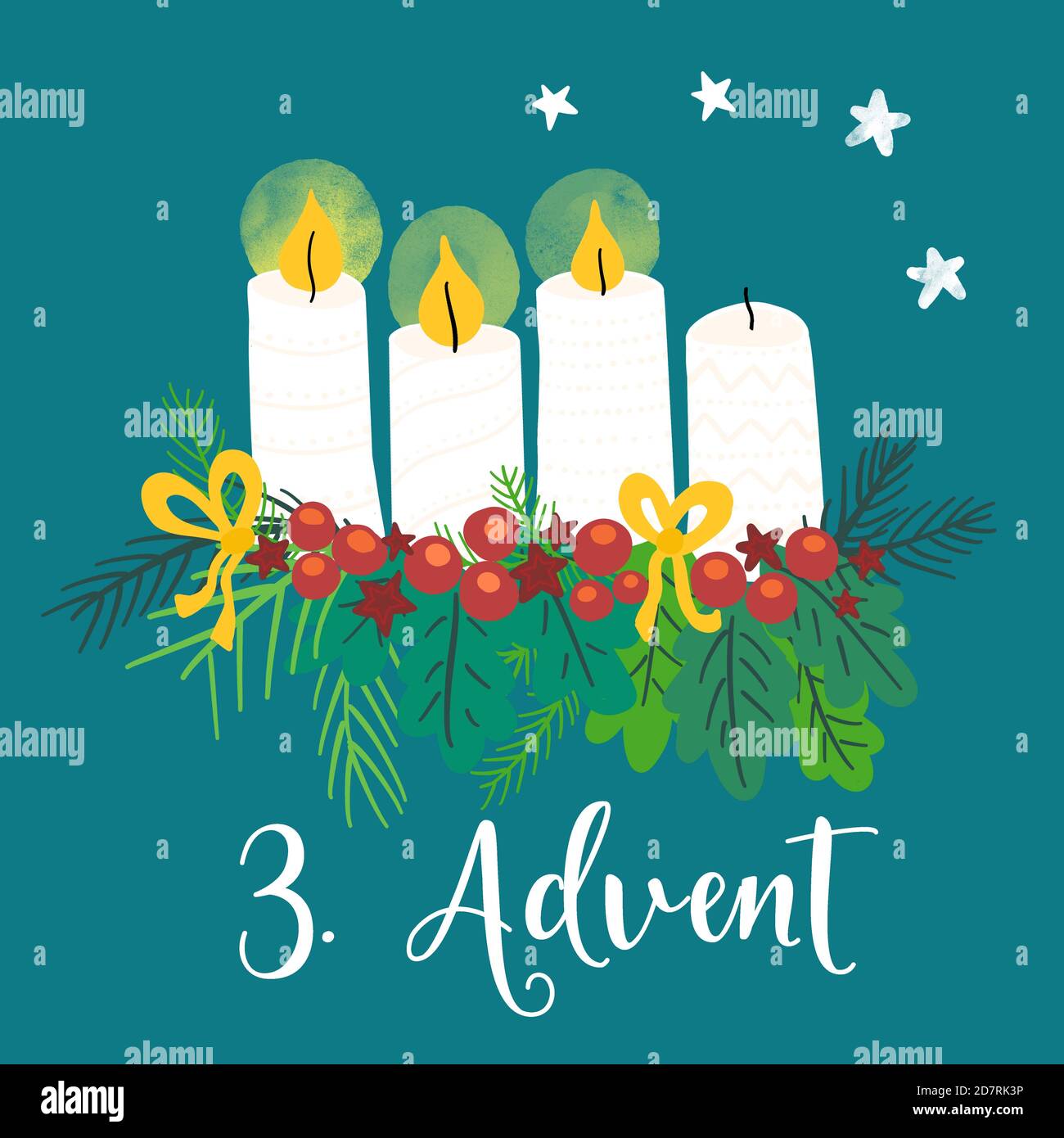 Advent wreath illustration. Christmas arrangements with 4 candles, two burning, bows, berries and pine branches. 2nd Advent. German holiday tradition Stock Photo