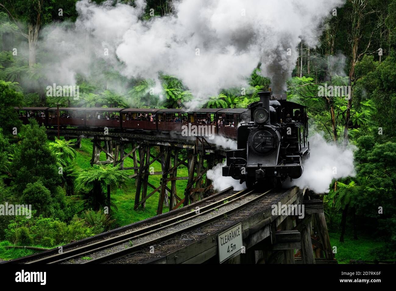 Famous Puffing Billy steam train trestle bridge in the Dandenong Ranges. Stock Photo
