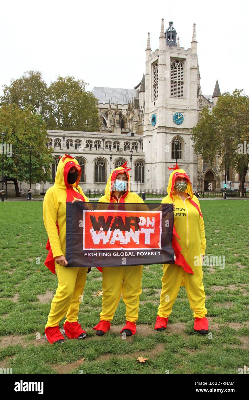 London, UK. 24th Oct, 2020. Women dressed as chlorinated chickens hold a placard at the Parliament Square during the protest.Stop Trump, Stop the post Brexit Trade Deal protest in Parliament Square. Action against the NHS being opened up permanently to American healthcare companies. Chlorinated chicken AND hormone-laced beef and lowering of food standards. Plus the forced deregulation of environmental laws and our rights to data privacy. Credit: SOPA Images Limited/Alamy Live News Stock Photo