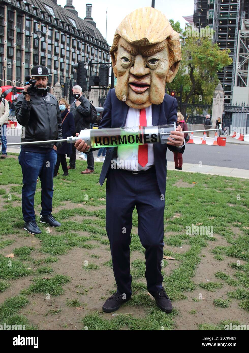 London, UK. 24th Oct, 2020. A man dressed in a fake Donald Trump and a businessman costume holds a huge hormones syringe at the Parliament Square during the protest.Stop Trump, Stop the post Brexit Trade Deal protest in Parliament Square. Action against the NHS being opened up permanently to American healthcare companies. Chlorinated chicken AND hormone-laced beef and lowering of food standards. Plus the forced deregulation of environmental laws and our rights to data privacy. Credit: SOPA Images Limited/Alamy Live News Stock Photo