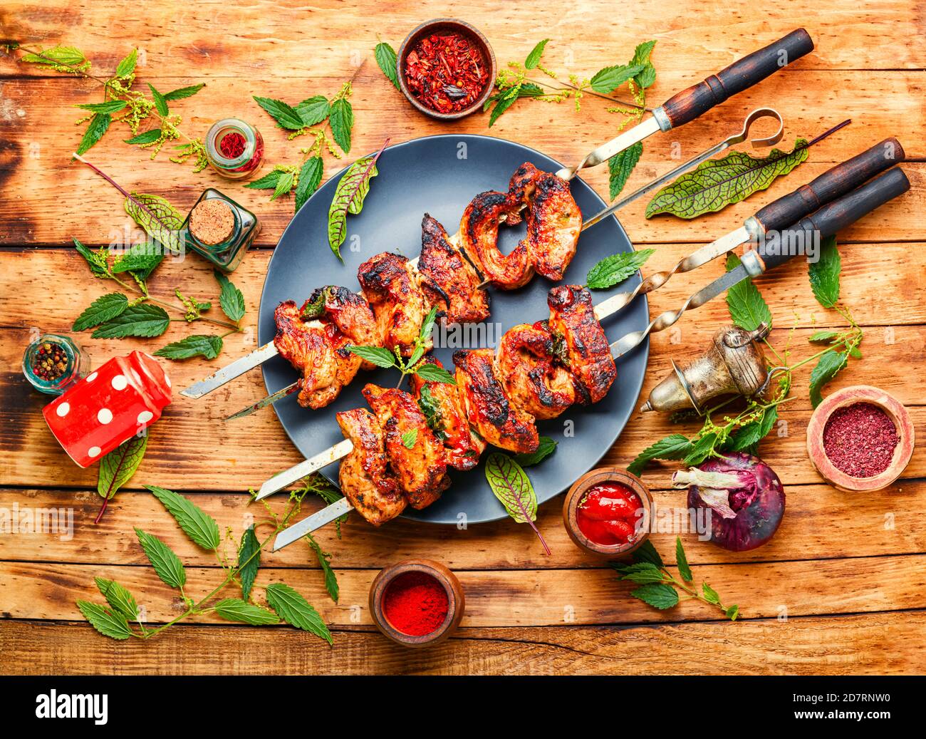 Kebab on skewers with nettle marinade.Meat on skewers,barbecue Stock Photo Alamy