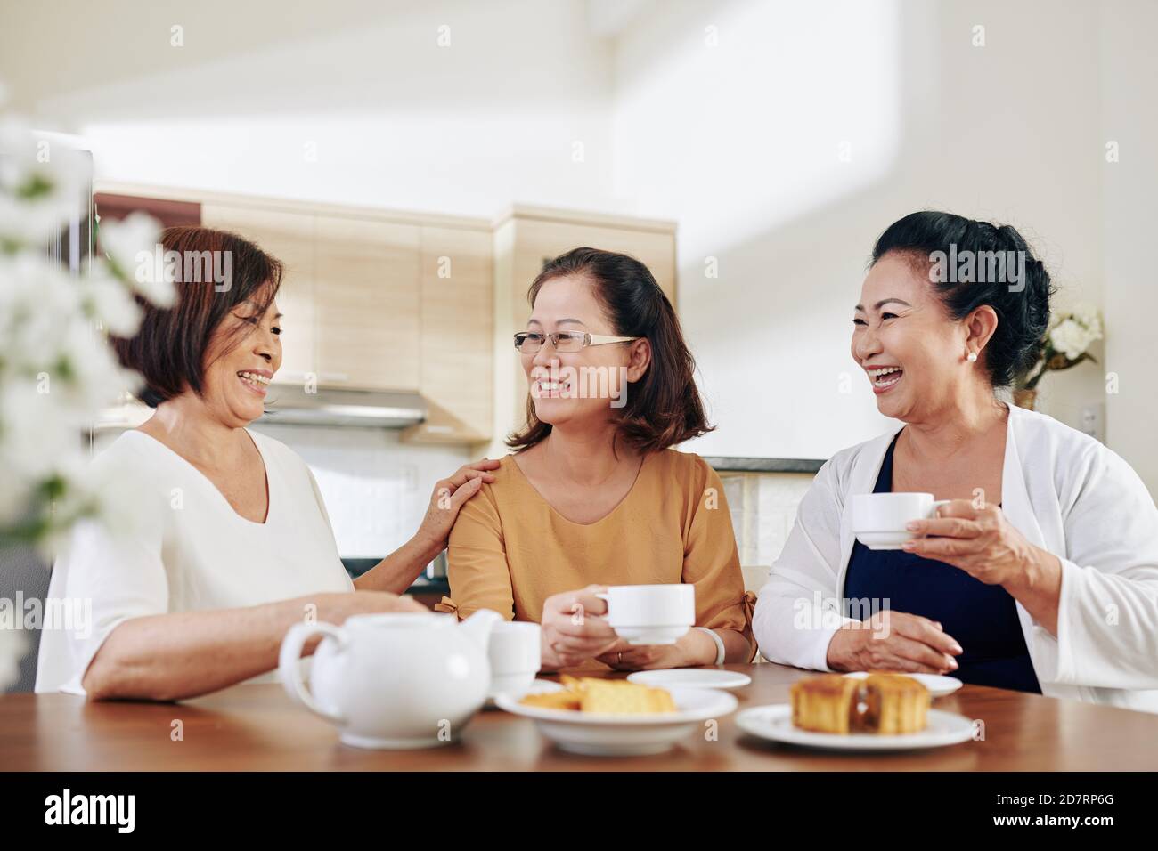 Chit-chating seniors at home Stock Photo