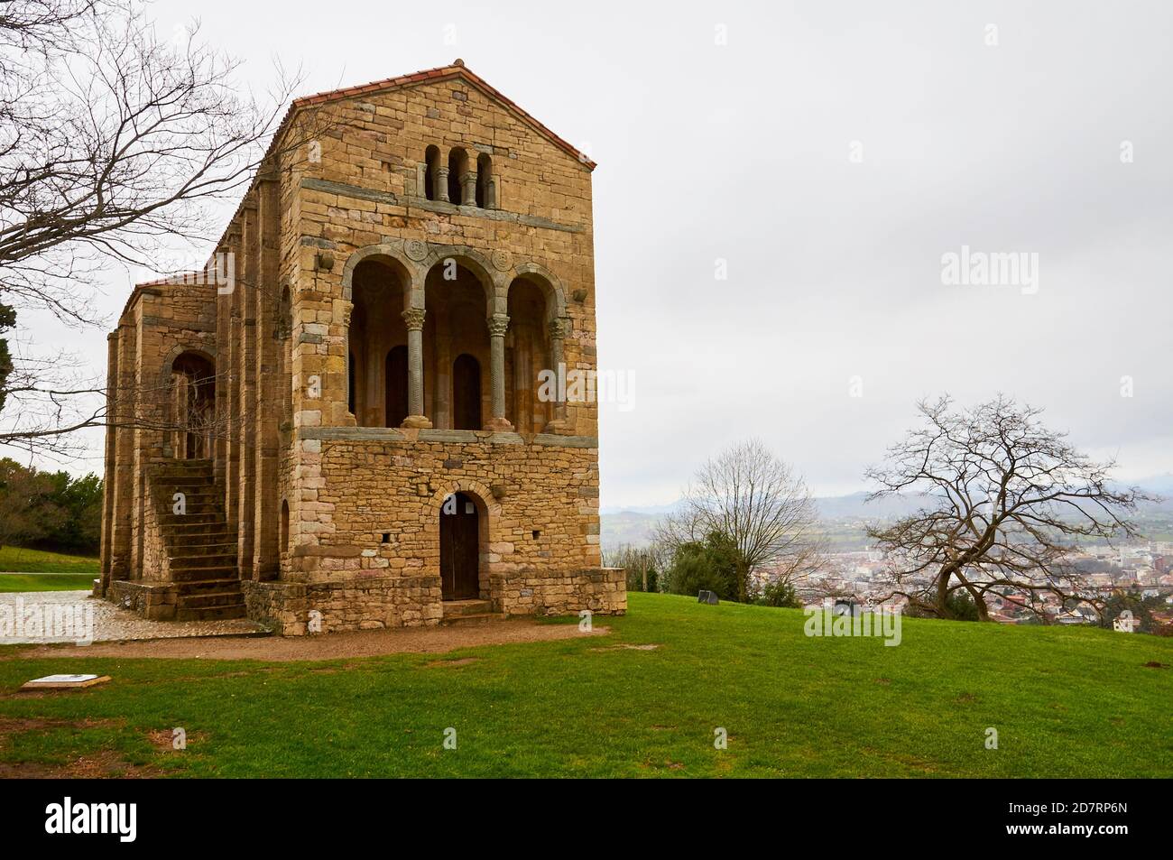 Exterior of the Pre-Romanesque IX century church of St Mary at Mount Naranco in a rainy cloudy day (Santa María del Naranco, Oviedo, Asturias, Spain) Stock Photo