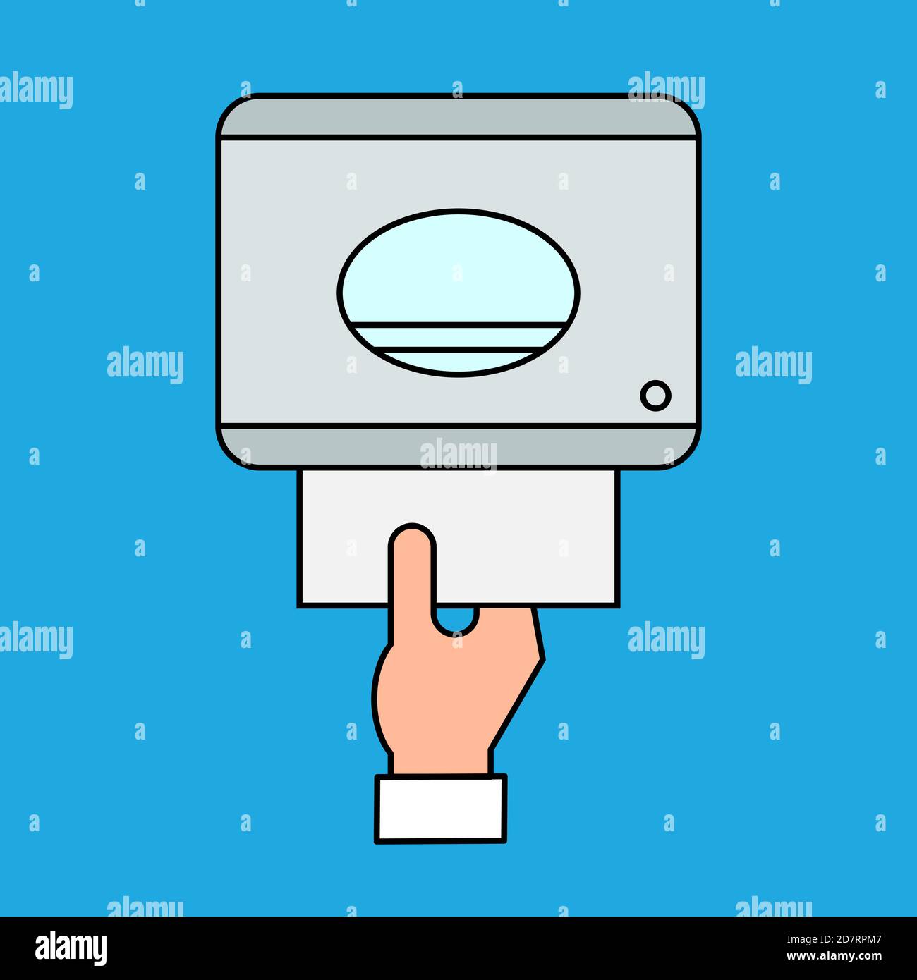 Automatic touchless towel dispenser with sensor on the wall. Drying hands safely. Paper dispenser icon. Hand pulling paper towel in the bathroom. Stock Vector