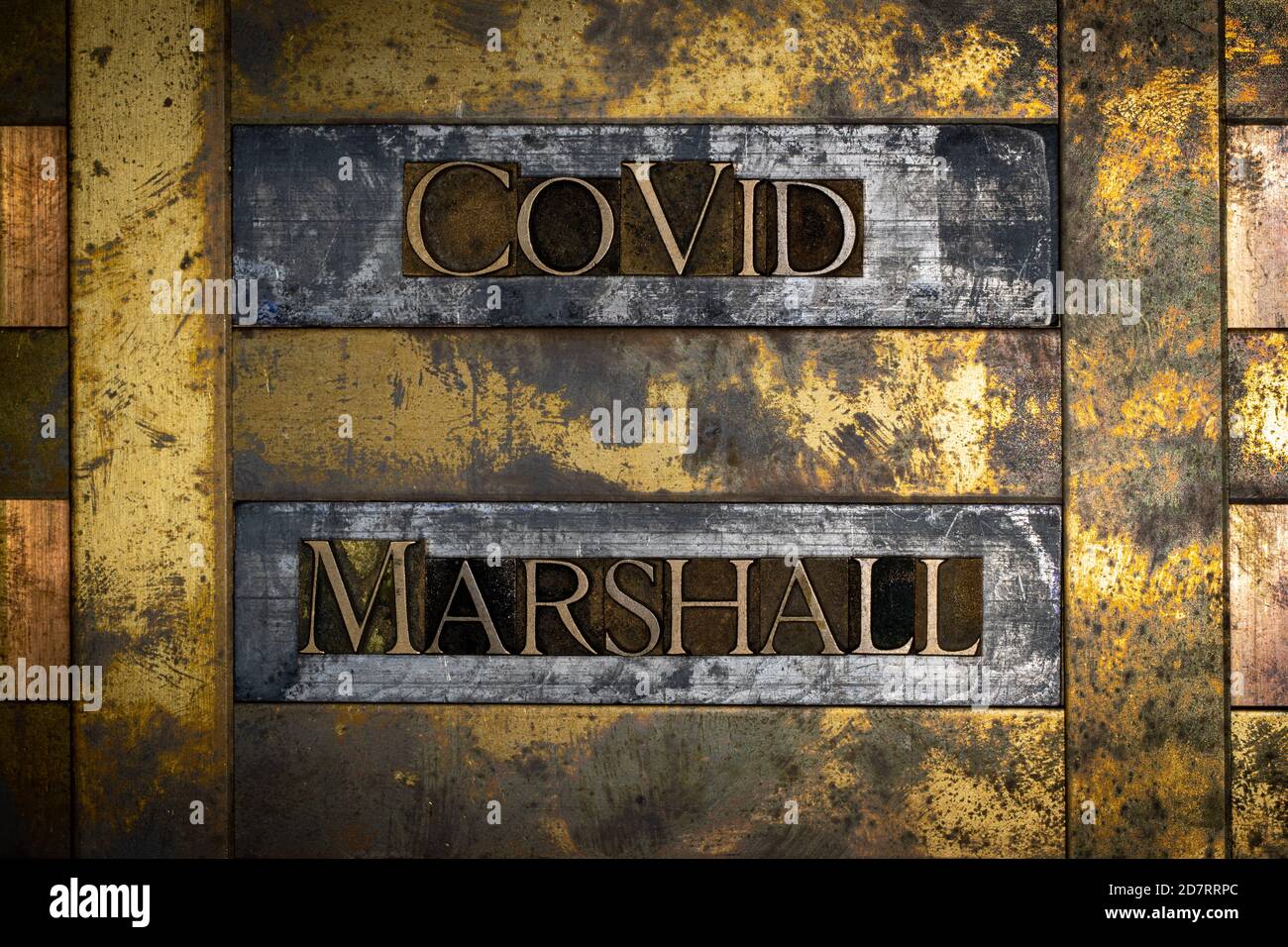 Covid Marshall text message on vintage textured grunge copper and gold ...