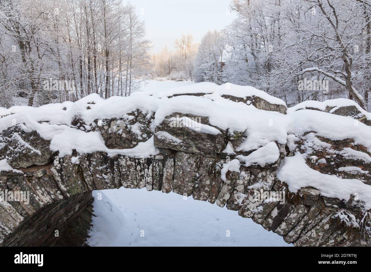 Old arch bridge over the river in the wintery landscape Stock Photo