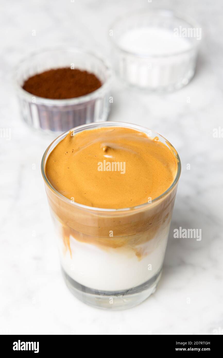 Iced Dalgona coffee, a very popular whipped coffee during the confinement of the Covid19 Stock Photo