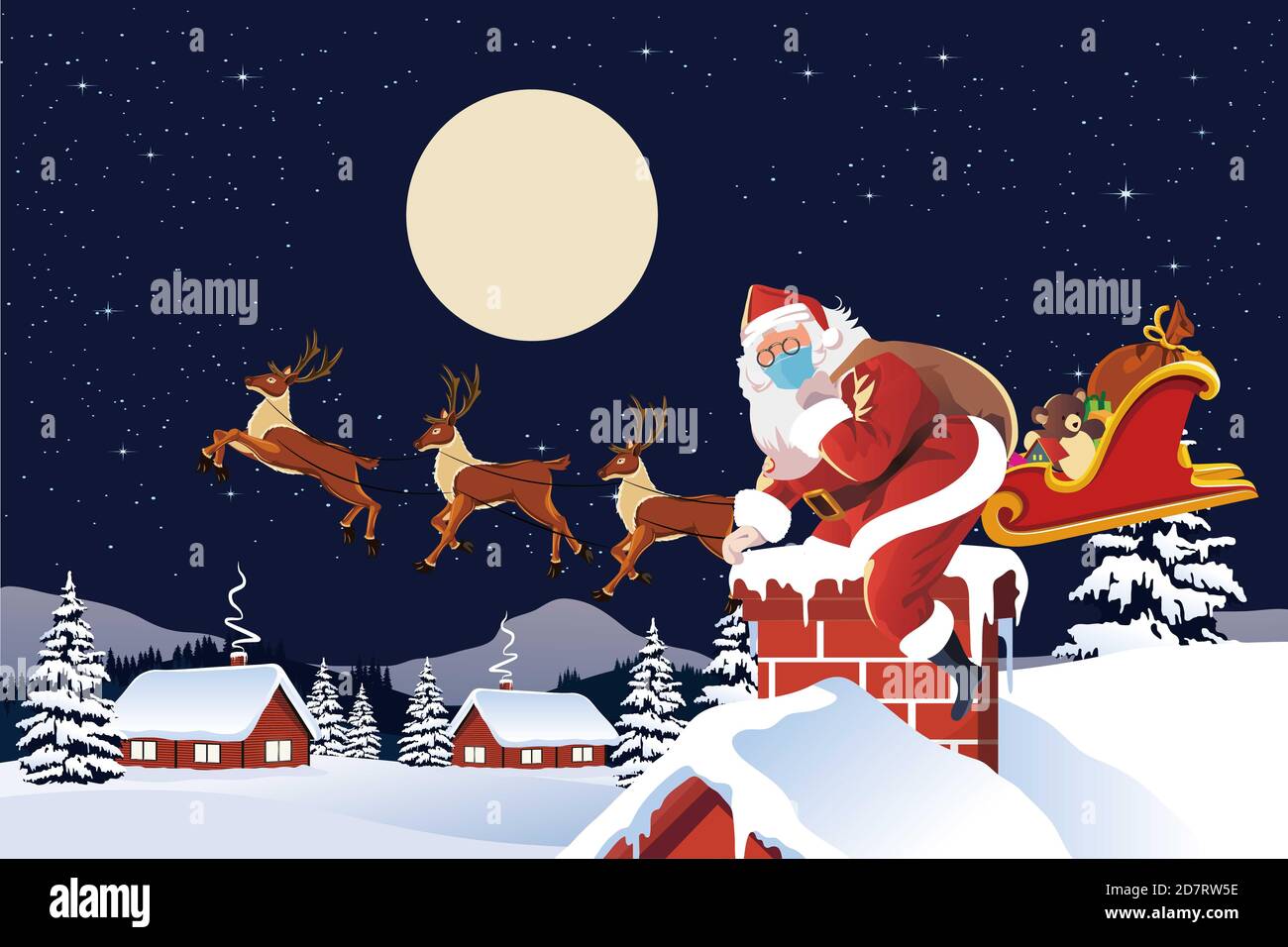vector of santa claus arriving by sleigh ready to go down chimney Stock Photo