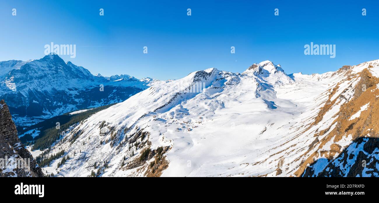 Wide panoramic view of winter landscape in Swiss Alps on the First ...