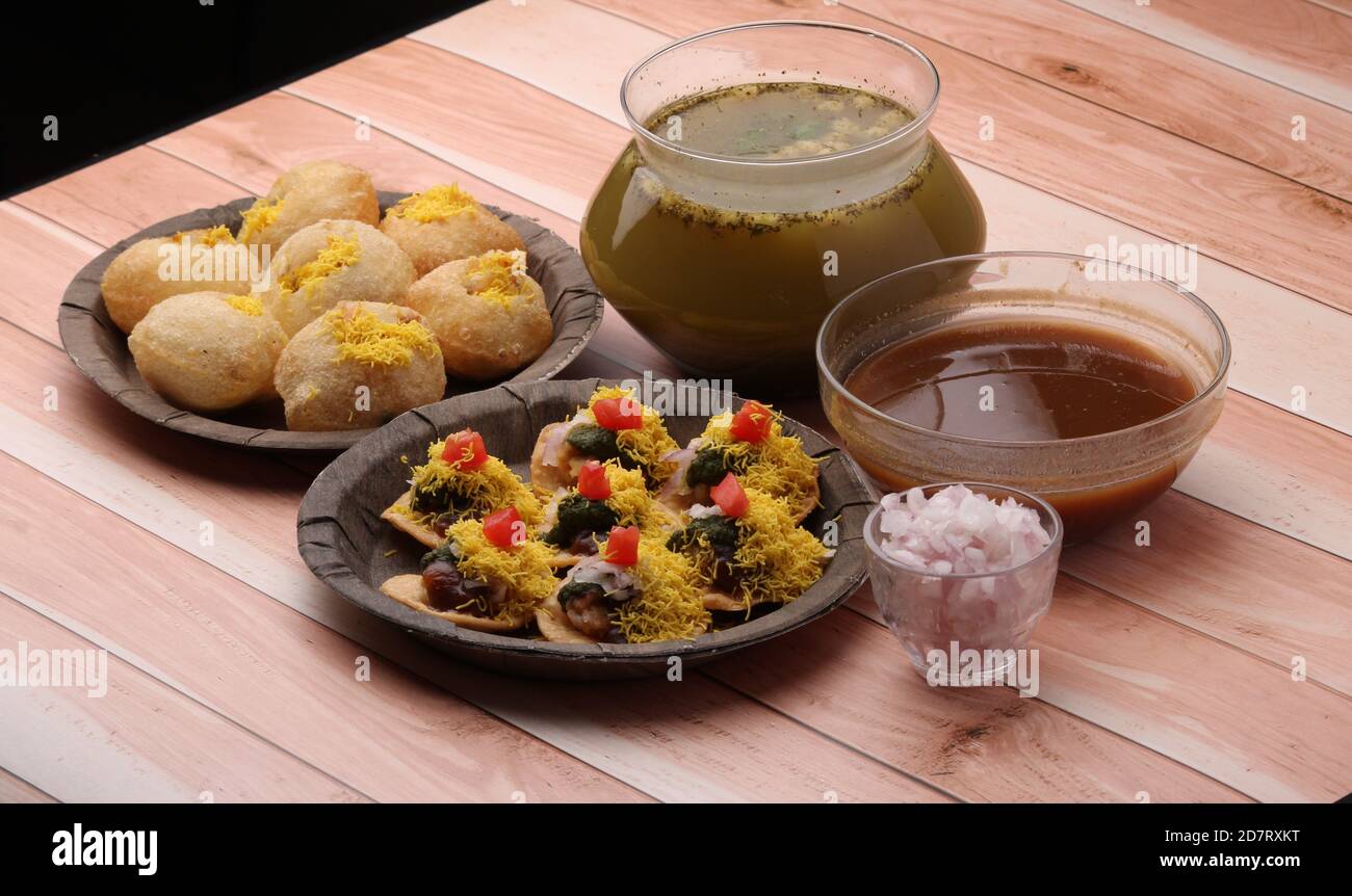 Bombay chat food golgappa/panipuri and sev-poori Stock Photo