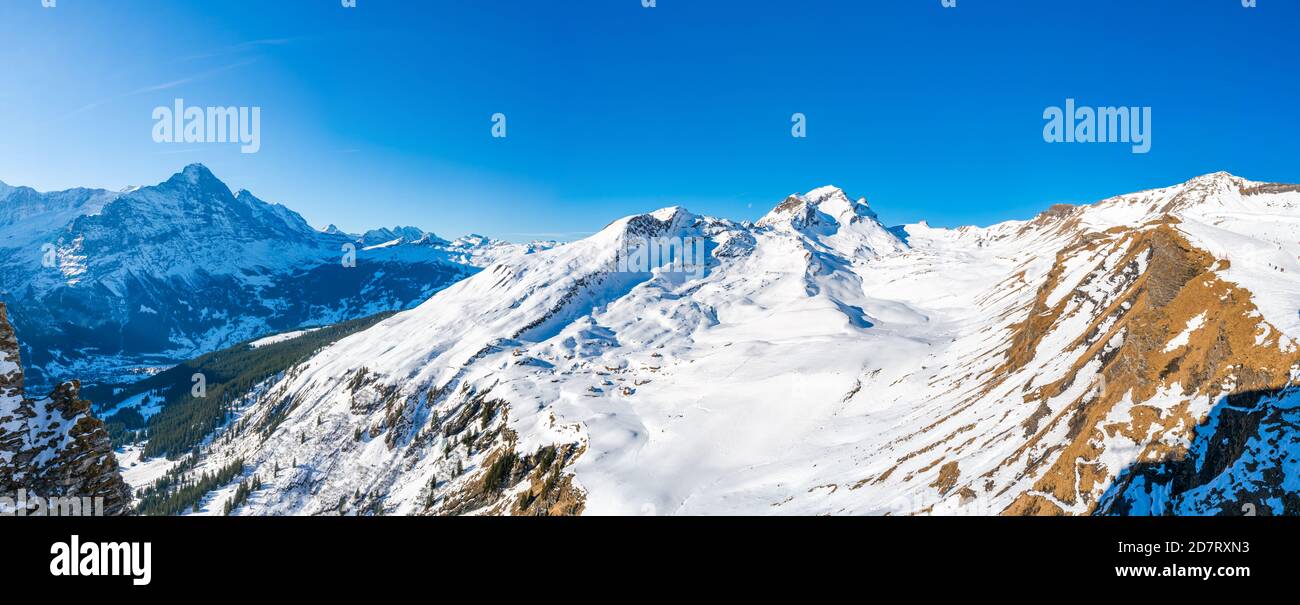 Wide panoramic view of winter landscape in Swiss Alps on the First ...