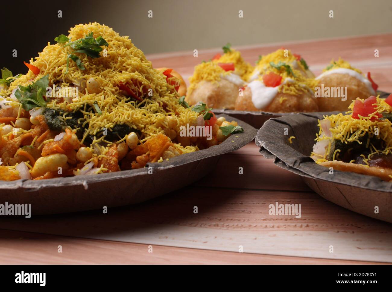 group of Bombay chat food includes bhel-puri, sev-poori, dahipuri Stock Photo