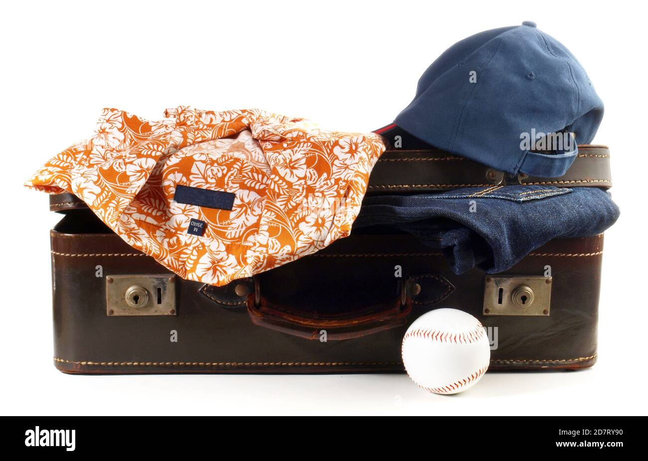 Isolated old vintage Suitcase with Baseball and Clothes on white Background Stock Photo