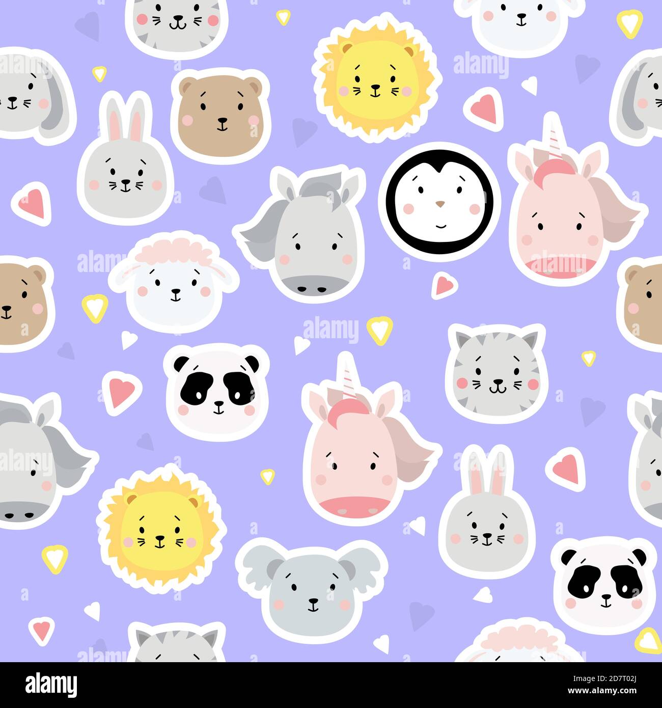 Seamless patterns. Kids collection. Cute animal stickers - lion and  penguin, unicorn and rabbit, hare and sheep, cat and horse, koala and panda  on a Stock Vector Image & Art - Alamy