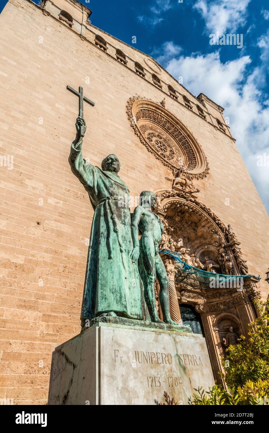 SPAIN, MAJORCA,  Memorial for Juniper Serra in front of the church of San Francesc , Majorca born missionary and founder of San Francisco Stock Photo