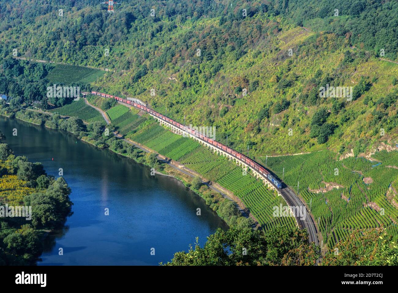 GERMANY,Moselle, Cargo train passing the 800 m  long viaduct of Puenderich in the Moselle Valley. Stock Photo