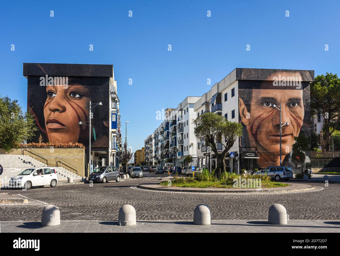 Italy Campania Naples - Scampia - Portrait on the facade of buildings - Murales of Angela Davis and Pierpaolo Pasolini Stock Photo
