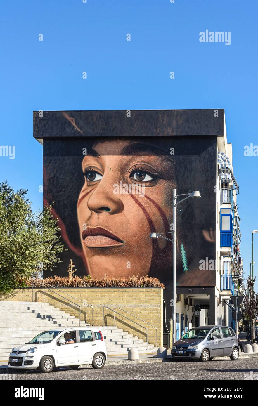 Italy Campania Naples - Scampia - Portrait on the facade of buildings - Angela Davis - activist for the rights of African Americans Stock Photo