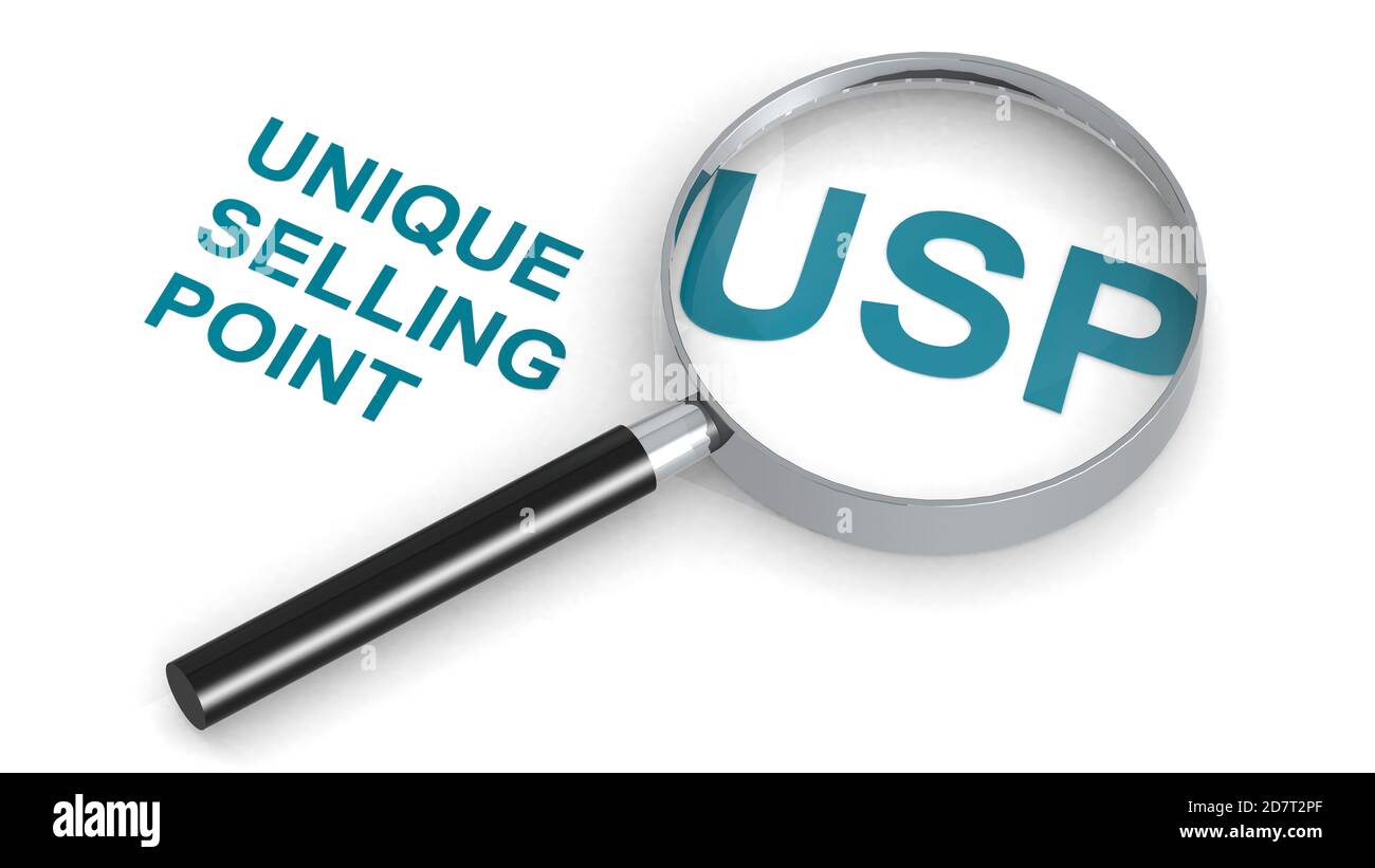 USP, Unique Selling Point, word under magnifying glass, 3d rendering
