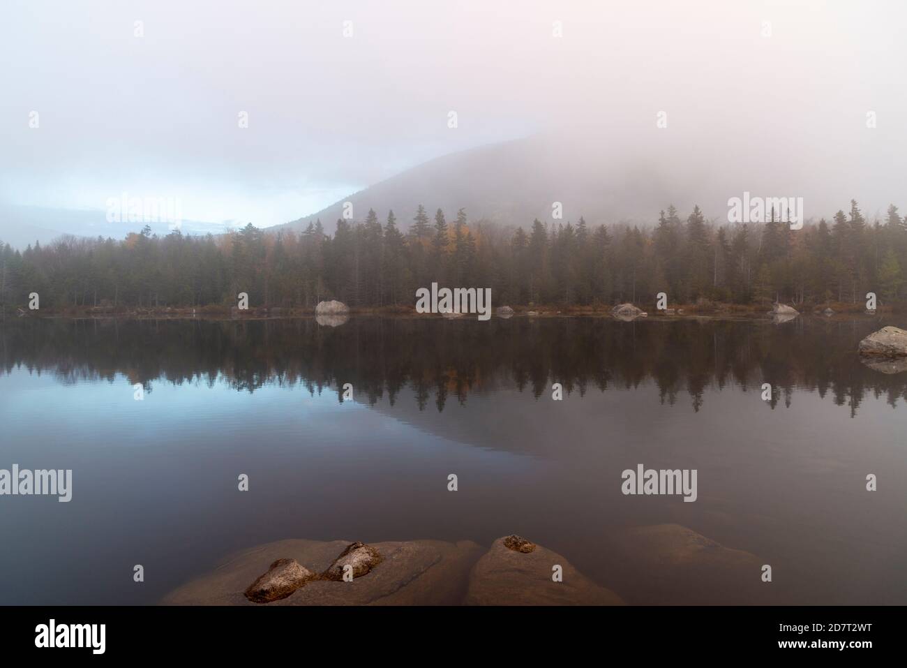 Foggy morning sunrise at Sandy Stream Pond in October, Baxter State Park, Maine Stock Photo