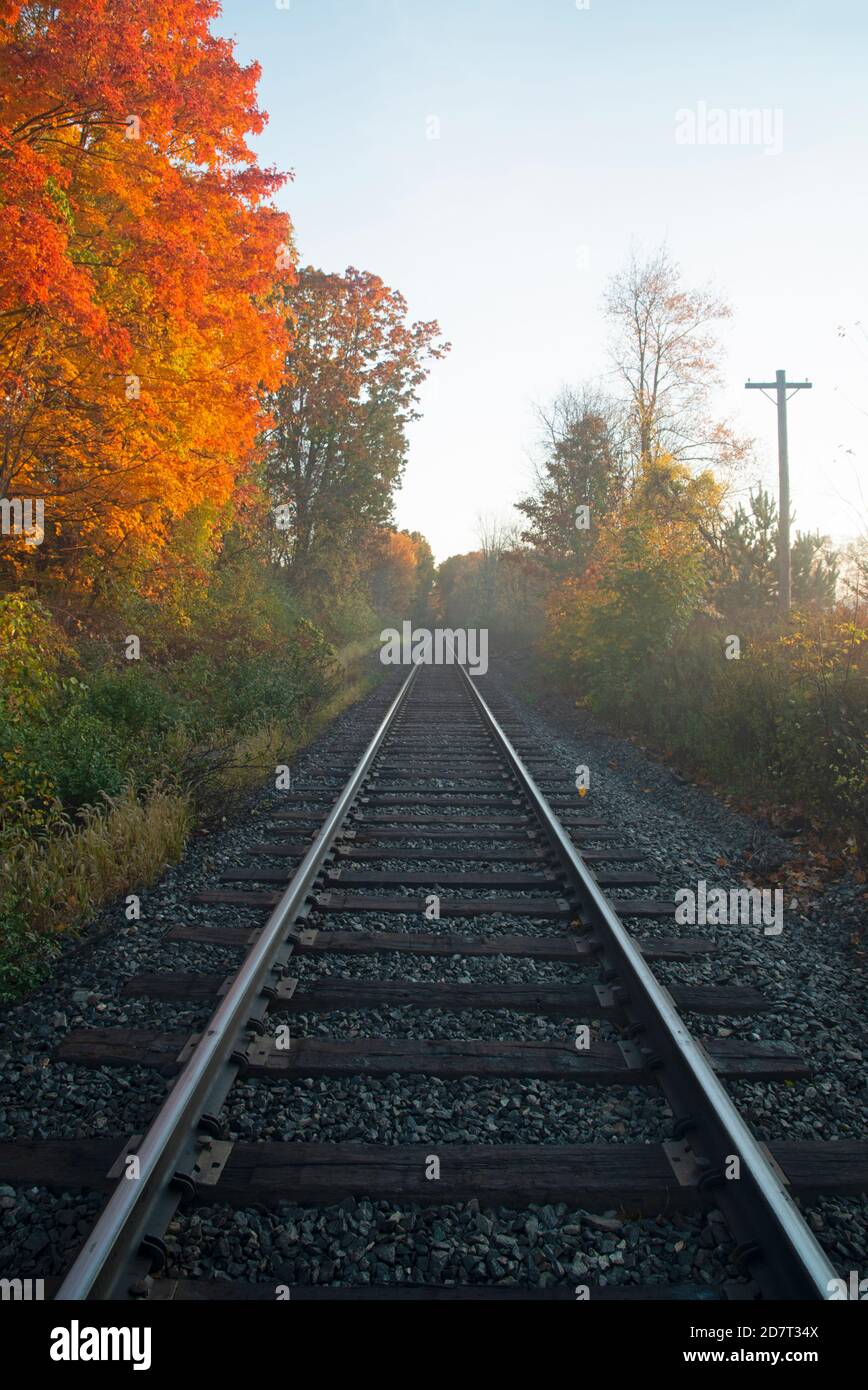 Looking north on railroad tracks from East Kingston NH on a foggy