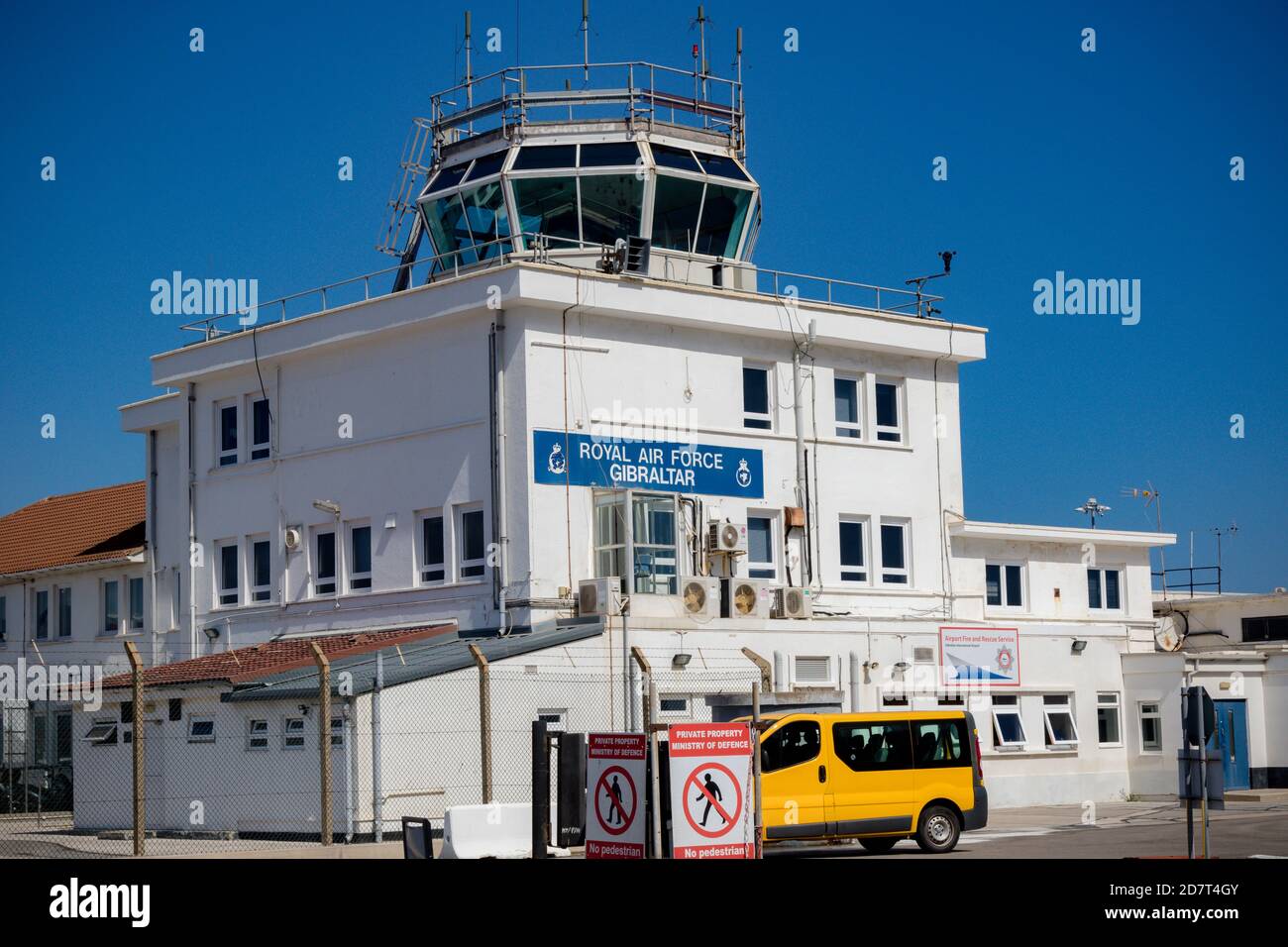 Gibraltar, United Kingdom, 3rd October 2018:- The control tower of RAF Gibraltar as seen from the runway. Gibraltar is a British Overseas Territory lo Stock Photo