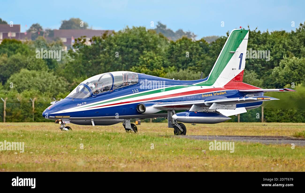 Aermacchi MB-339 of the Frecce Tricolori Italian Air Force aerobatic display team, taxiing after landing at RIAT 2019 Stock Photo