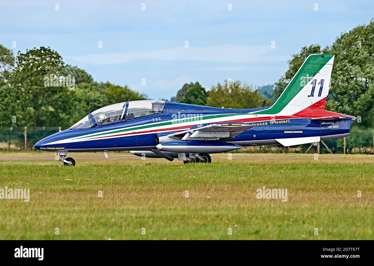 Aermacchi MB-339 of the Frecce Tricolori Italian Air Force aerobatic display team, taxiing after landing at RIAT 2019 Stock Photo