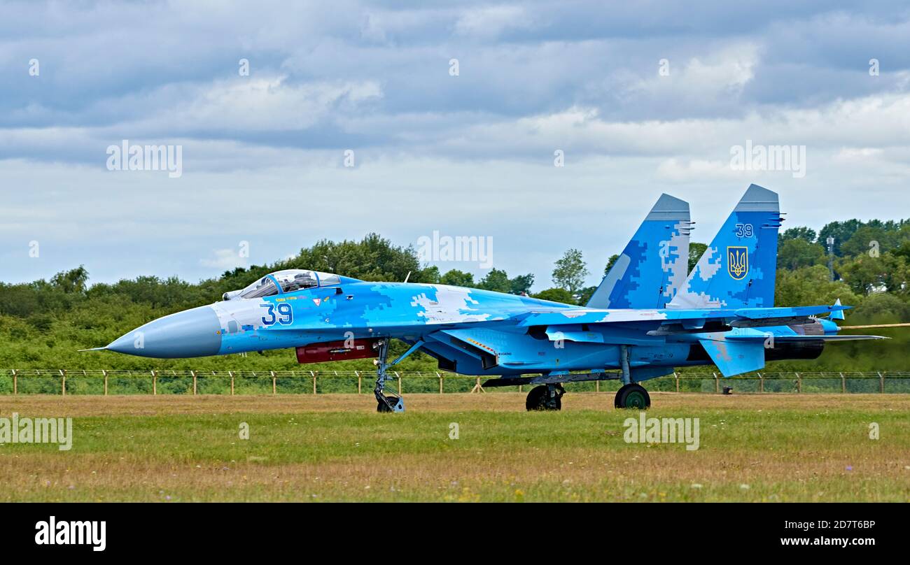 Ukrainian Air Force Sukhoi Su-27 (NATO reporting name: 'Flanker') landing at RIAT 2019 Stock Photo