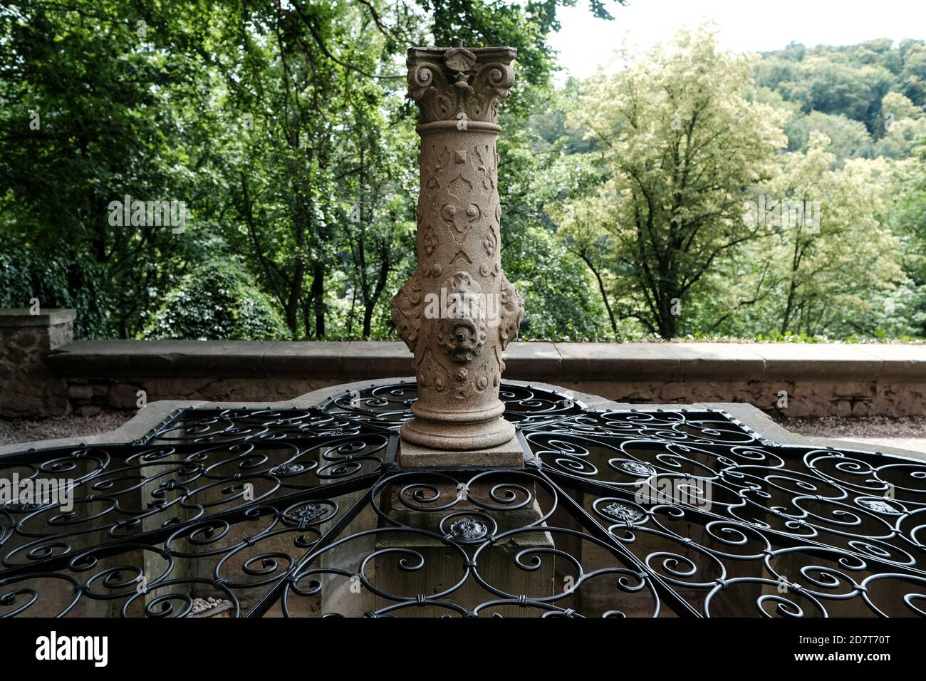 Walbrzych, Poland - 18 July 2020:  The fountain decorated with stucco, the Ksiaz Castle Museum Stock Photo