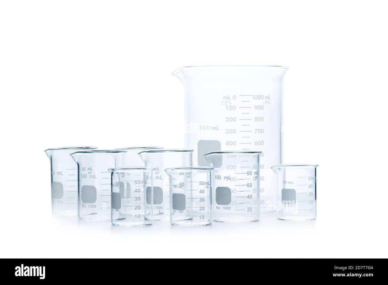 Mix size of measuring beakers for science experiment in laboratory