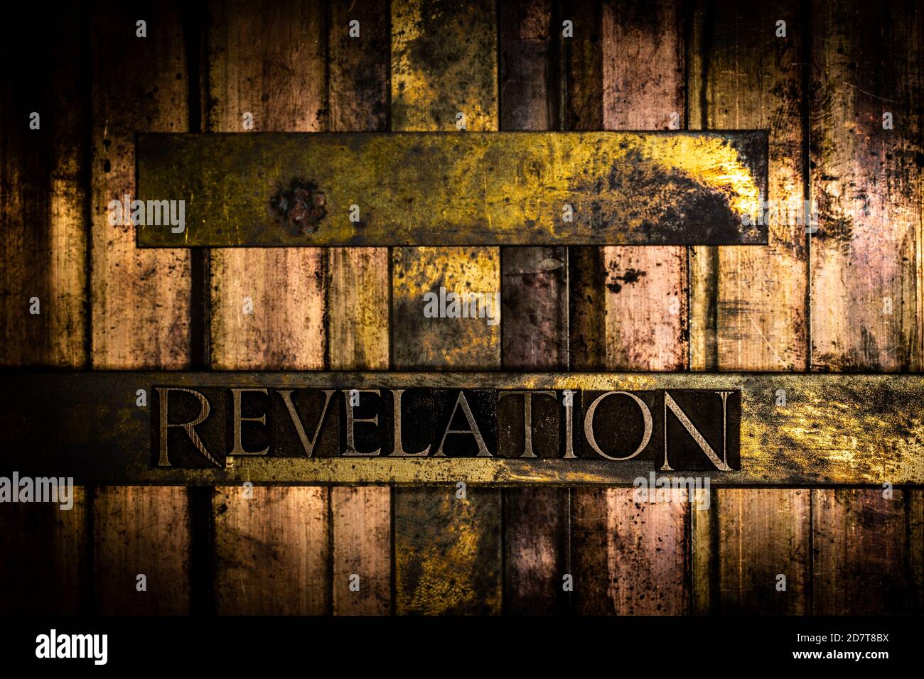 Revelation text with cross on textured grunge copper and vintage gold ...