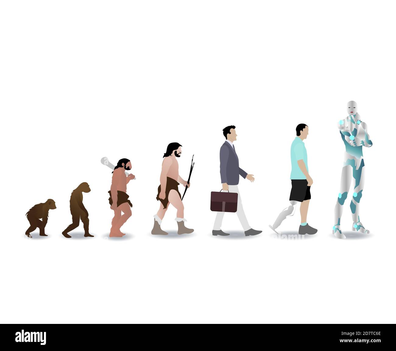 Evolution human to robot cyborg, history man evolve. Vector ancestor development mankind, illustration progress primate and animal to ai Stock Vector