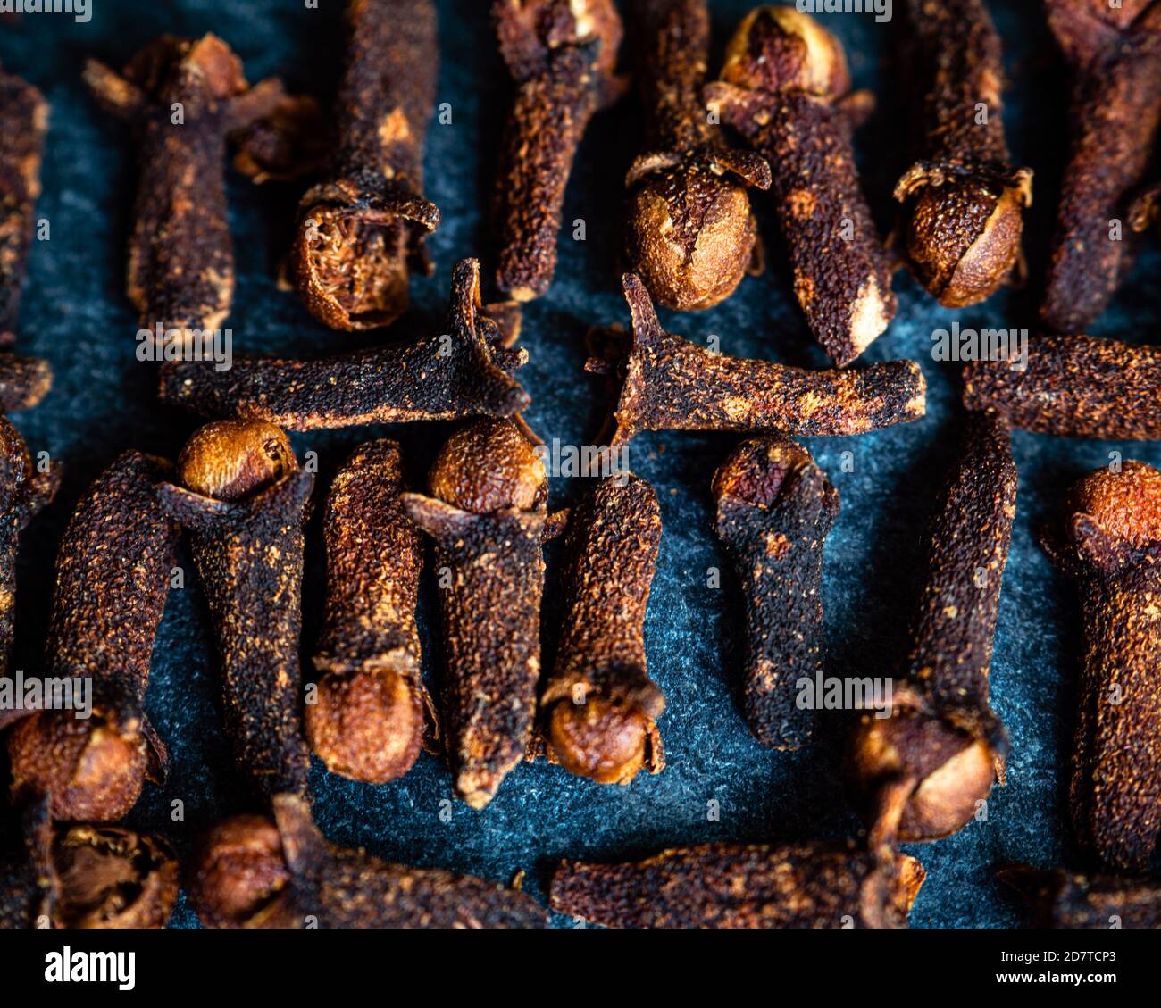 Close-up of cloves on a dark blue background shot overhead Stock Photo