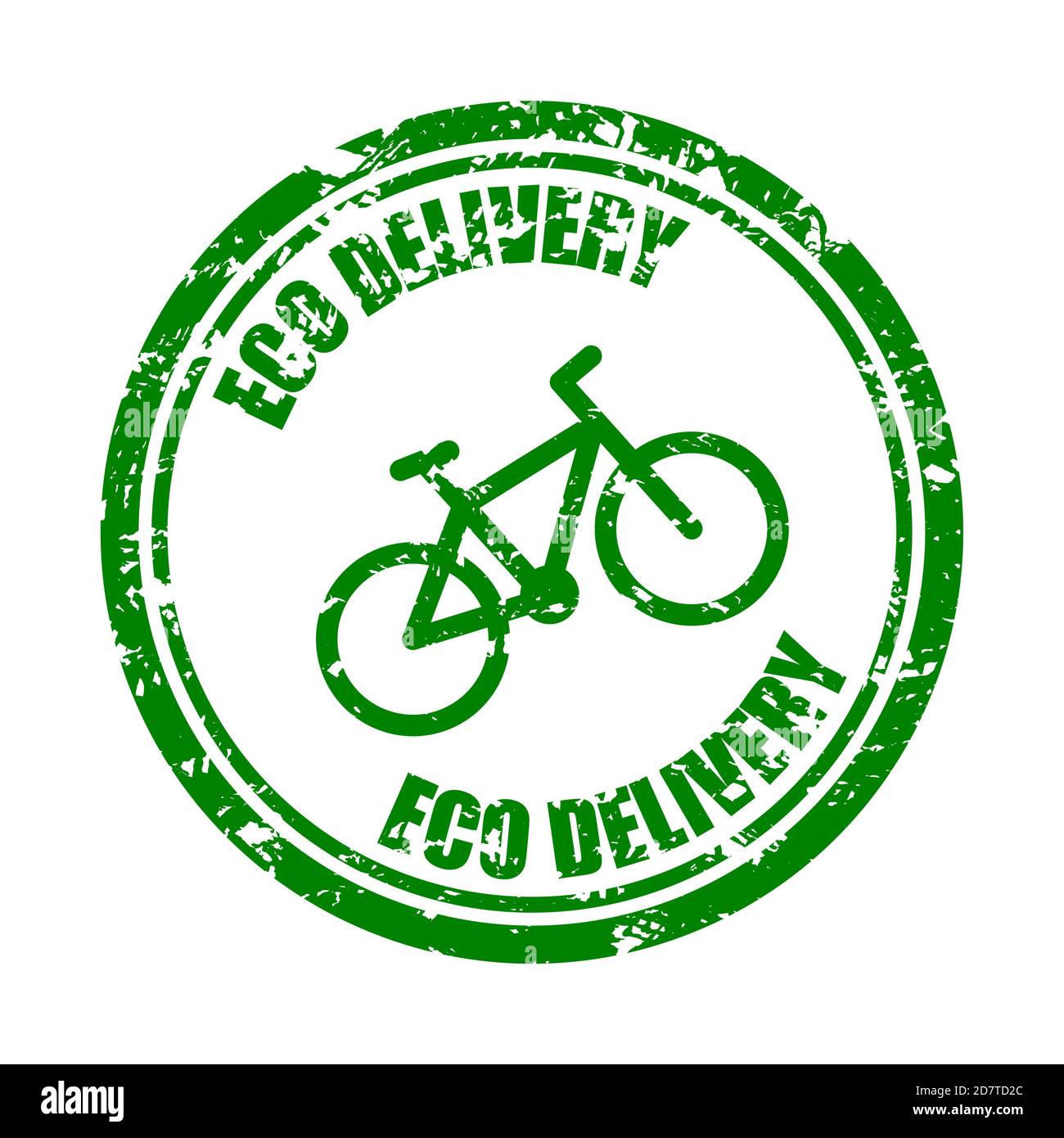 Eco delivery by bicycle, green rubber stamp texture. Round seal for food delivery service. Vector symbol mark for fast food pack, illustration service Stock Vector